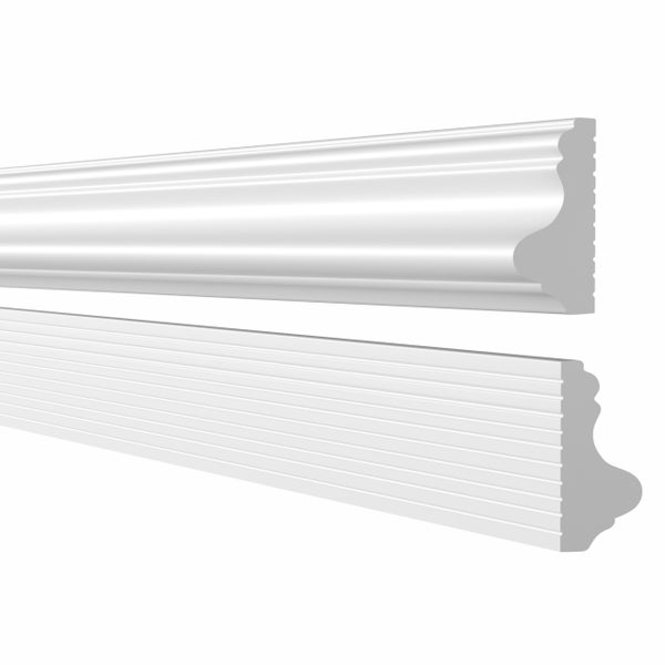 Zwei Stuckleisten aus Kunststoff mit profiliertem Design zur Wand oder Deckenverzierung