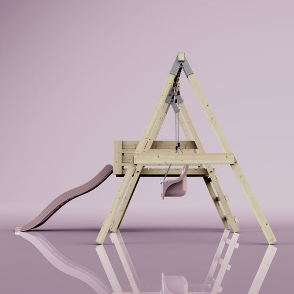 Spielturm aus Holz mit einer rosa Wellenrutsche, einer rosa Babyschaukel und einer Leiter.