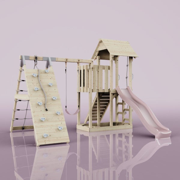 Spielturm aus Holz mit Rutsche, Schaukel und Kletterwand für den Garten