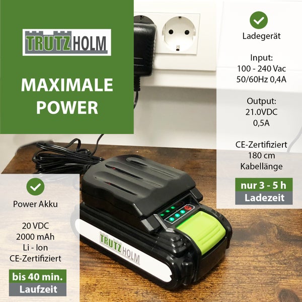 Trutzholm Akku Ladegerät Set mit 20 Volt Lithium Ionen Akku 2000 Milliamperestunden Ladezeit 3 bis 5 Stunden