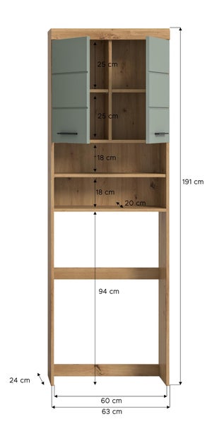 Hoher Badezimmerschrank als Waschmaschinenumbauschrank mit Regalfächern und zwei Türen inklusive Maßen.