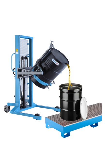 HanseLifter Fasstrippneiger zum Heben und kontrollierten Entleeren von Fässern in ein Auffangbehältnis.