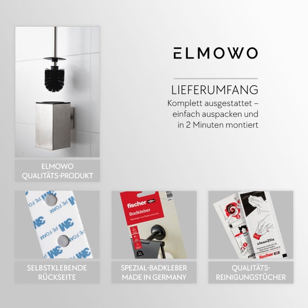 Produktübersicht der Elmowo WC-Garnitur inklusive Montagezubehör mit Badkleber und Reinigungstüchern für eine einfache Installation.