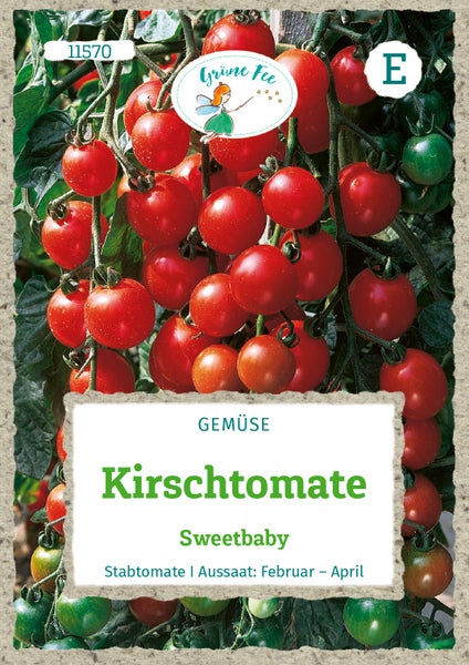 Samentüte für Kirschtomate Sweetbaby von Grüne Fee, eine Stabtomate zur Aussaat von Februar bis April.