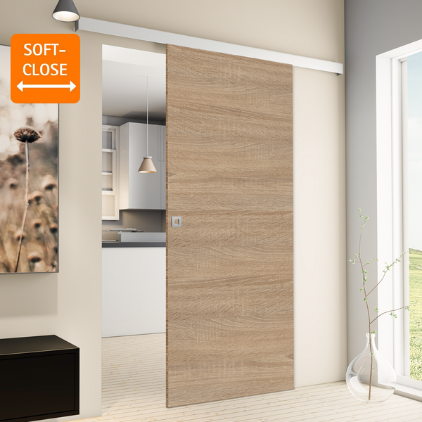 Tür Schiebetür Komplettset Holz Wildeiche 755 Zimmertür Holztür Schiebetürsystem -  Quadratgriff+2seitiger Softclose