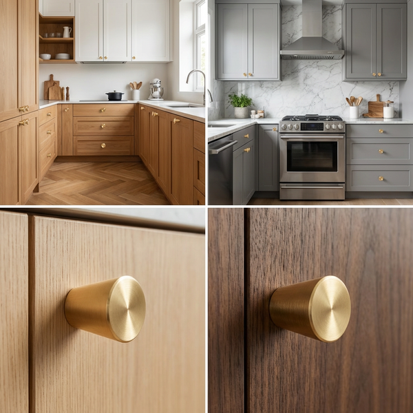 Küchenszene mit verschiedenen Küchendesigns und goldenen Knaufgriffen