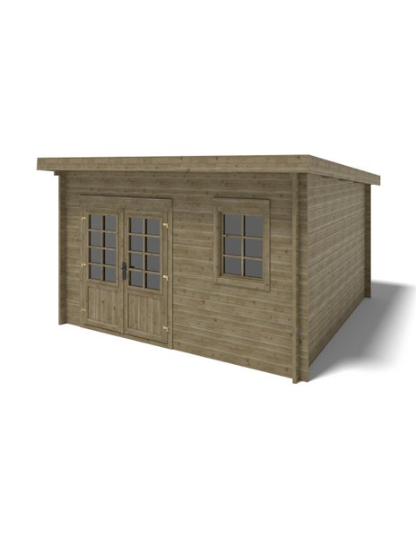 Gartenhaus aus Holz mit Pultdach, Doppeltür mit Sprossenfenstern und einem Einzelfenster.