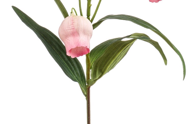 Künstlicher Zweig mit rosa glockenförmigen Blüten und grünen Blättern.