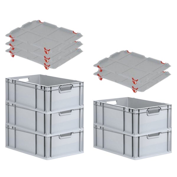 PROREGAL SparSet 5x Eurobox NextGen Grip mit Auflagedeckel mit 4 Roten Schiebeschnappverschlüssen HxBxT 22 x 40 x 60 cm 44 Liter