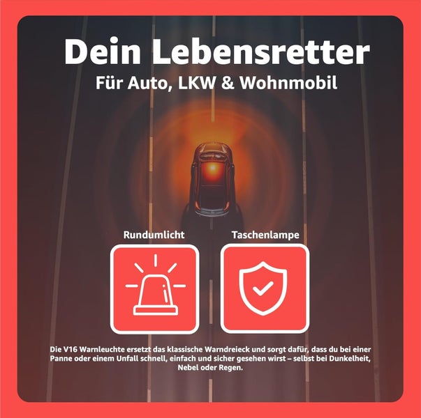 V16 Warnleuchte für Auto, LKW und Wohnmobil mit Rundumlicht- und Taschenlampenfunktion