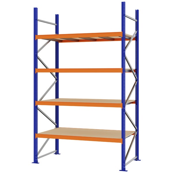 Schwerlastregal aus Metall mit vier Holzböden, blauen Stehern und orangefarbenen Traversen.