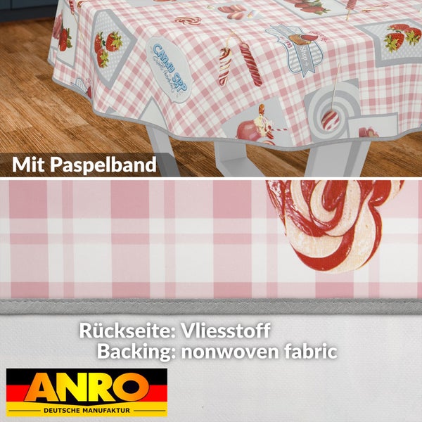 Tischdecke mit Süßigkeiten- und Erdbeermuster, Paspelband und Vliesstoffrückseite