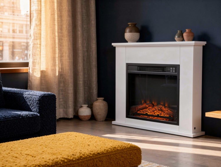 Wohnzimmer mit elektrischem Kamin, Sofa und Dekoration