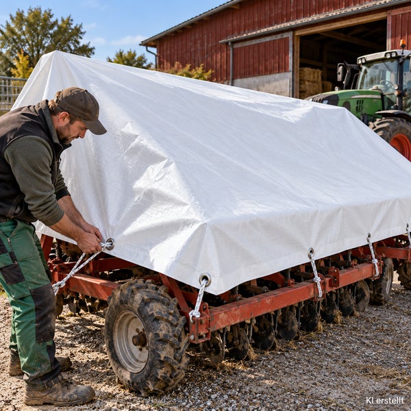 Landwirt befestigt eine robuste weiße Gewebeplane mit Ösen an einer landwirtschaftlichen Maschine zur Abdeckung im Freien.