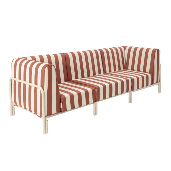 4-Sitzer Gartensofa mit gestreiften Polstern und Metallgestell für den Außenbereich.
