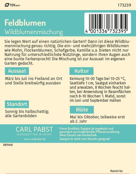 Rückseite der Saatgutpackung für die Carl Pabst Feldblumen Wildblumenmischung mit Carl Pabst Logo sowie Informationen zu Aussaat, Standort und Kultur.