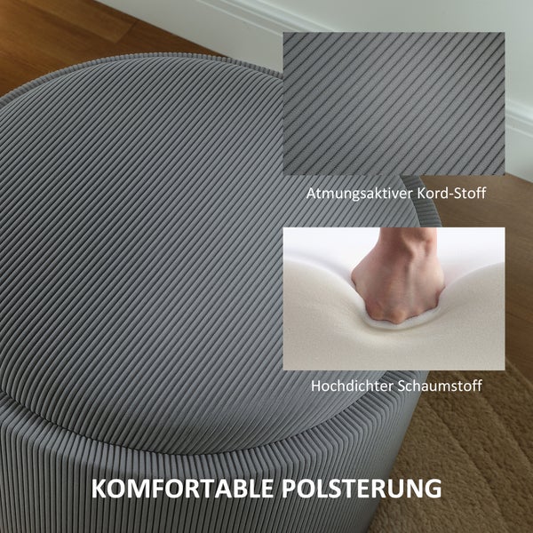 HOMCOM Sitzhocker mit Stauraum Hocker mit Deckel, Runder Fußhocker Polsterhocker Couchtisch mit Cord-Optik 56 x 56 x 42 cm Grau