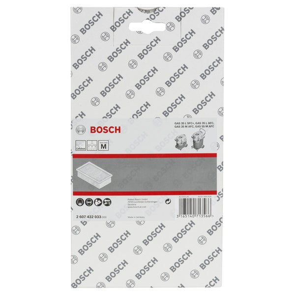 Bosch Logo auf Verpackung für Flachfaltenfilter aus Cellulose, Staubklasse M, geeignet für Nass- und Trockensauger.