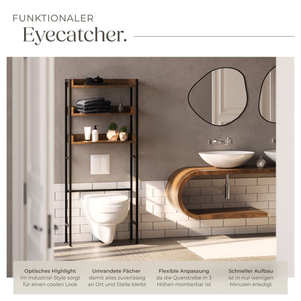 Ein Badezimmer mit einem WC-Regal im Industrial-Design, das über dem WC platziert ist, neben einem Waschtisch mit geschwungener Holzablage.