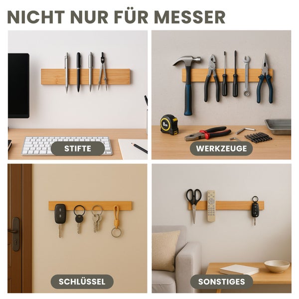 CHEFGASTRO Magnetleiste magnetische Messerleiste Messerhalter aus Bambus | HxBxT 6,2x40x2,1cm | Inkl. 3 silberne Haken | Bambus | extra stark magnetischer Messerstreifen zum Kleben oder Schrauben