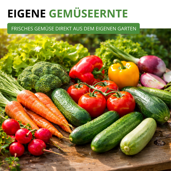Frisches Gemüse wie Karotten, Tomaten, Gurken und Brokkoli auf Holzoberfläche, Text Eigene Gemüseernte.