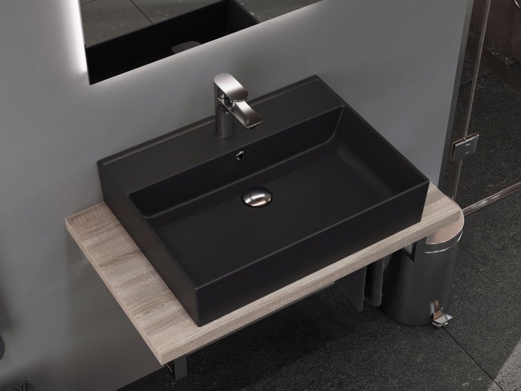 Aqua Bagno Basic Plan Waschbecken 10.16.30.04.04 – 60 x 45 cm – Schwarz Matt – Keramikbecken mit Hahnloch & Überlauf