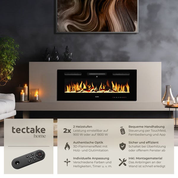 Dekorativer Elektrokamin mit Flammenillusion und Fernbedienung in einem Wohnzimmer.