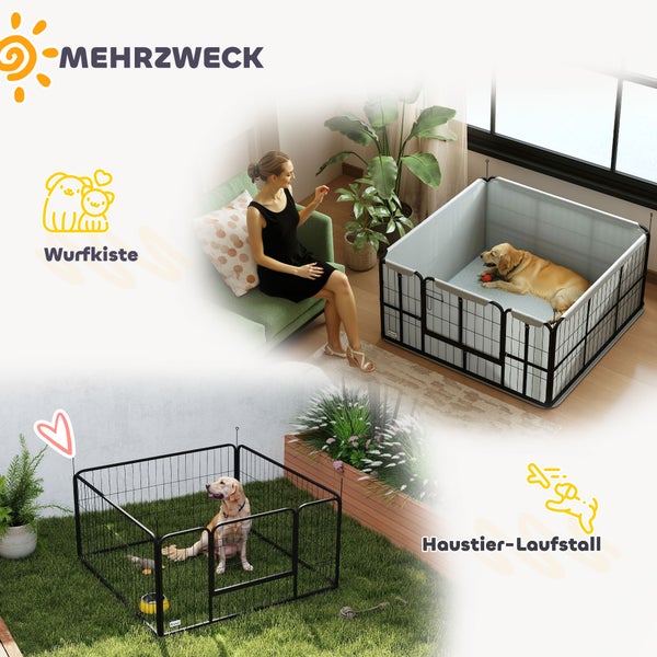 Mehrzweck-Haustier-Laufstall und Wurfkiste aus schwarzem Metallgitter, dargestellt im Innenraum mit Hund und im Außenbereich auf einer Rasenfläche.