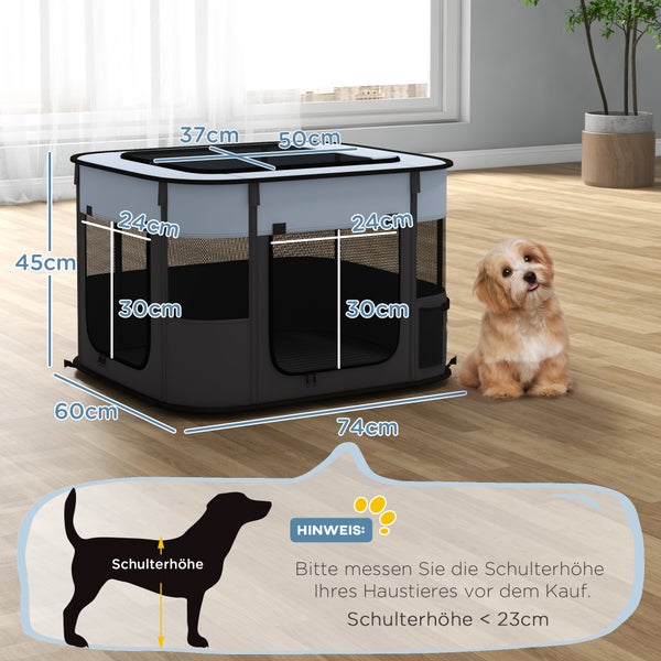 PawHut Welpenauslauf, Welpenlaufstall mit Türen, Fenster, faltbar Laufgitter, Atmungsaktiv Netz, für kleine Hunde unter 4 kg und Kleintiere, Indoor und Outdoor, 74 x 60 x 45 cm, Grau