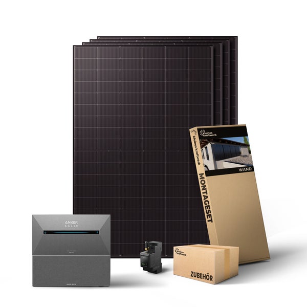 Kleines Kraftwerk Balkonkraftwerk Komplettset mit Solarmodulen, Anker Solix Solarspeicher, Wand-Montageset und Zubehör.