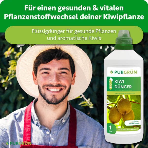 Eine Flasche Purgrün Bio Kiwi Dünger mit einem Liter Inhalt und lächelndem Gärtner im Hintergrund.