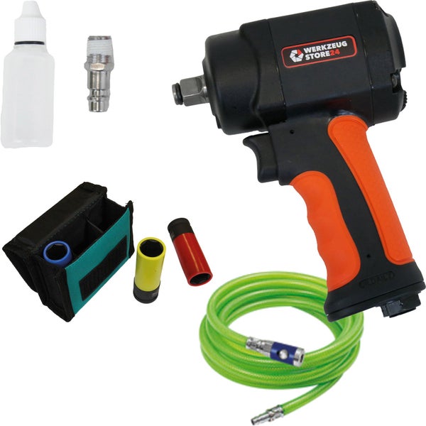 WS24 Druckluft-Schlagschrauber 1/2 mini + PVC-Schlauch leuchtgrün + Steckschlüsselsatz