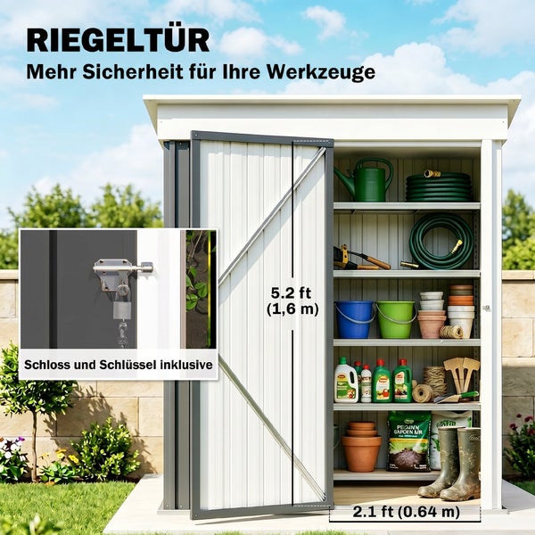 Gartenschrank aus Metall mit Riegeltür, inklusive Schloss und Schlüssel. Maße circa 1,6 Meter Höhe und 0,64 Meter Breite. Mit Regalen.