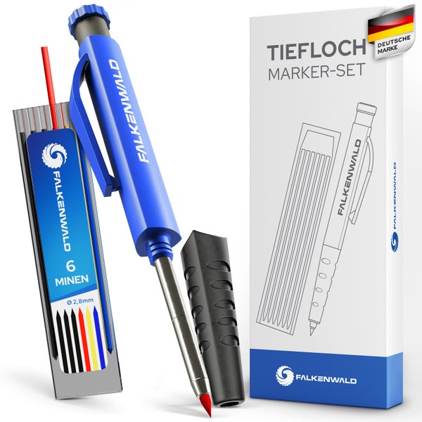 FALKENWALD® Tieflochmarker Bleistift [ + 7 Minen + Spitzer + Schreibgriff ] - Zimmermannsbleistift