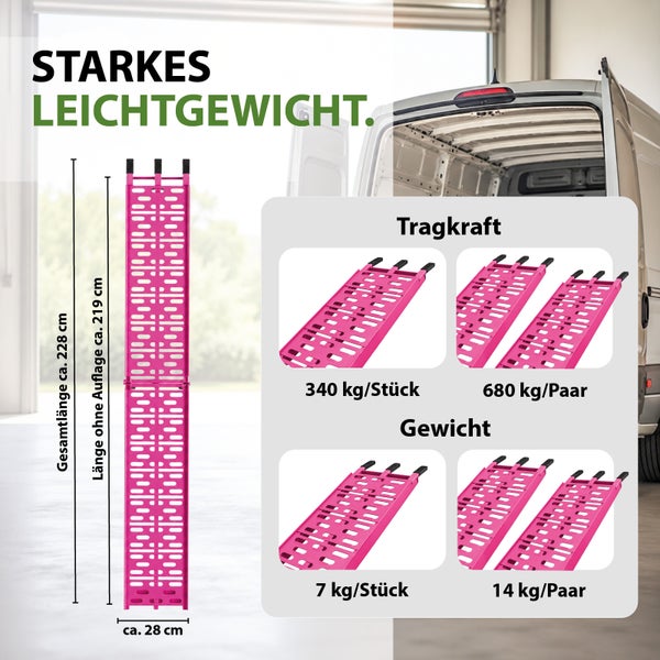 Auffahrrampe aus Aluminium mit technischen Daten zu Tragkraft und Abmessungen sowie Abbildung eines Transporters im Hintergrund.