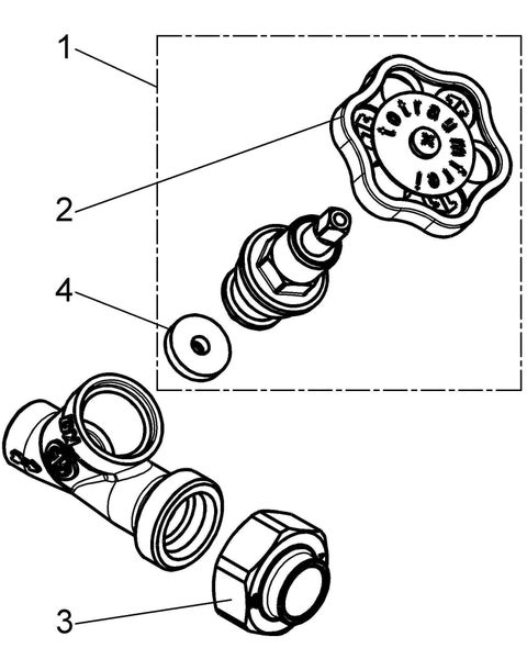 Explosionszeichnung einer Ventilarmatur mit nummerierten Ersatzteilen wie Handrad, Ventiloberteil und Dichtung.