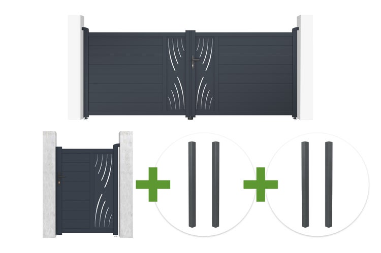 Set aus zweiflügeligem Einfahrtstor und Gartentor aus Aluminium mit Lamellen, dekorativen Ausschnitten und Pfosten.