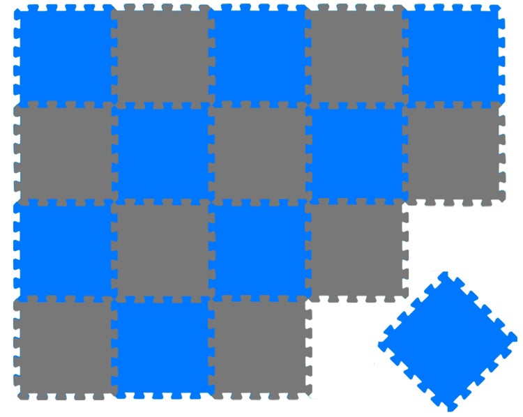 Ineinandergreifendes Bodenschutzmatten-Set aus Schaumstoff in Blau und Grau mit quadratischen Platten und Puzzlerand.