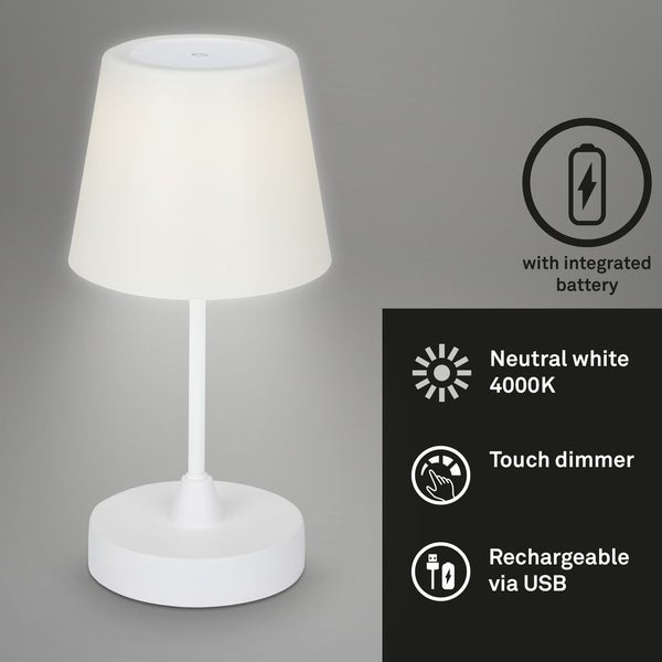 BRILONER CAMPI LED Tischlampe kabellos, IP44 Spritzwasserschutz, Touchfunktion, in Stufen dimmbar, Neutralweißes Licht, weiß, 14,5 x 30 cm