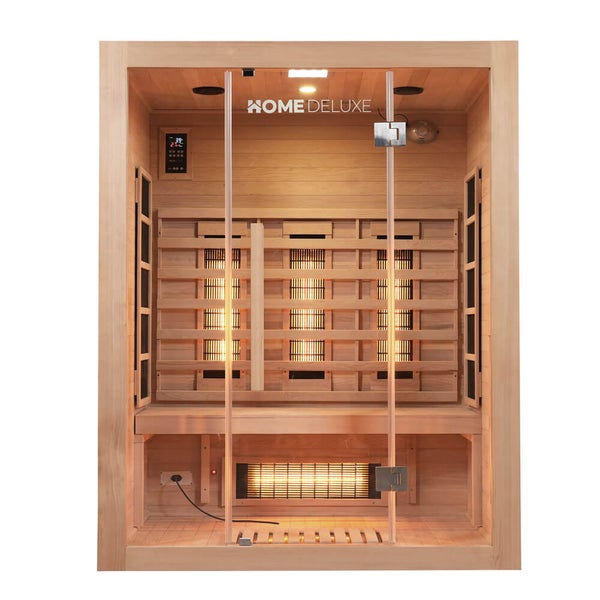 Home Deluxe Infrarotsauna aus Holz mit Glastür, Heizstrahlern und integriertem Bedienfeld für das eigene Zuhause.