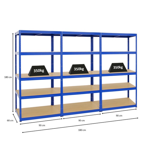 PROREGAL Mega Deal 3x Schwerlastregal Slim Elephant M HxBxT 180 x 90 x 60 cm 5 Ebenen Fachlast 350 kg Blau