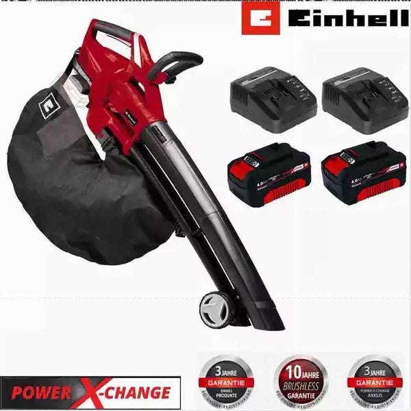 Einhell Akku-Laubsauger und Laubbläser mit zwei Akkus und zwei Ladegeräten aus der Power X-Change Serie.