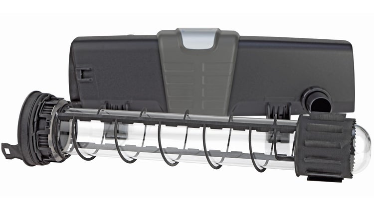 Quarzglas mit Schutzkorb und Kunststoffgehäuse für UV-C-Vorklärgerät.