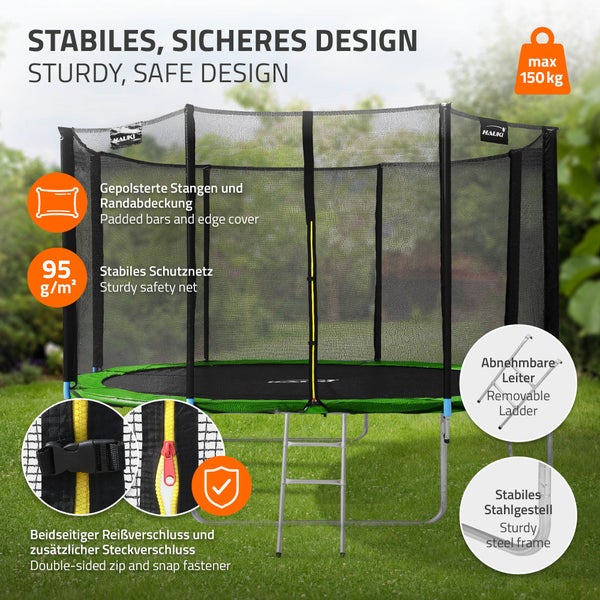 Hauki Trampolin Outdoor, Ø427 cm, Grün, GS geprüft, Rundes Gartentrampolin für Kinder bis 150 kg, Komplettset mit Sicherheitsnetz, Leiter, Randabdeckung, Gepolsterte Stangen, Stabile Kindertrampolin