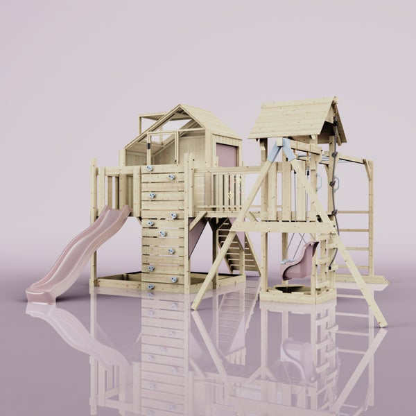 Spielanlage aus Holz mit Rutsche, Schaukel und Kletterwand
