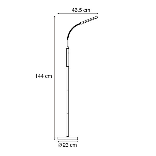 Skizze einer Stehleuchte mit Maßen: Höhe 144 Zentimeter, Breite des Leuchtenarms 46,5 Zentimeter, Durchmesser des Fußes 23 Zentimeter.