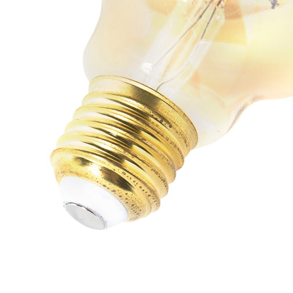 Nahaufnahme eines goldfarbenen E27 Schraubsockels einer Glühbirne im Vintage Stil.