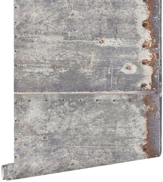 ESTAhome Tapete Metallplatten Hellgrau und Rostbraun - 53 cm x 10.05 m - 138218
