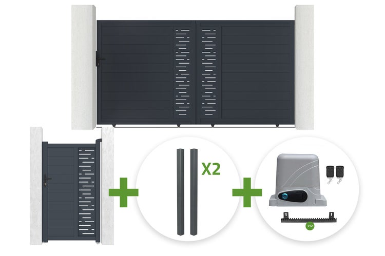 Komplettset mit anthrazitfarbenem Schiebetor, Gartentür, zwei Pfosten und elektrischem Torantrieb inklusive Fernbedienungen und Zahnstangen.