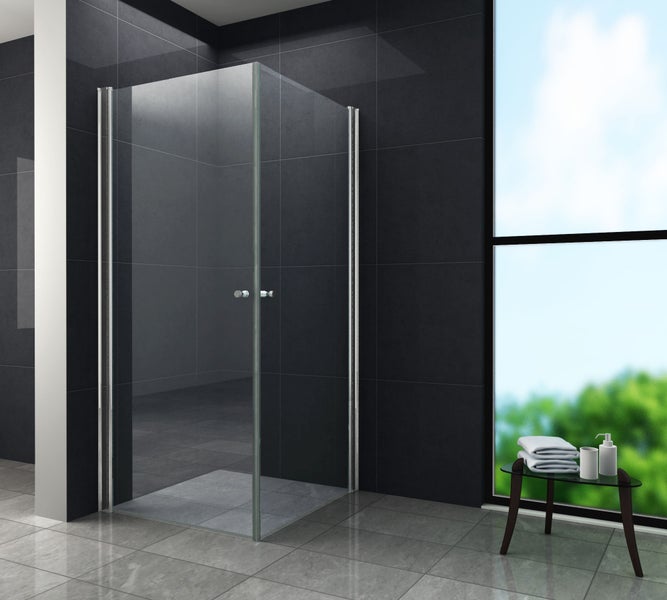 Duschkabine aus Glas mit Eckeinstieg in einem Badezimmer mit Fliesen